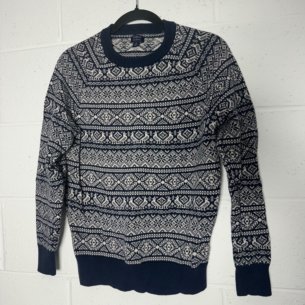 J.Crew Mens Fair Isle Cotton Crewneck Sweater Navy Blue Cream Small Nordic Knit